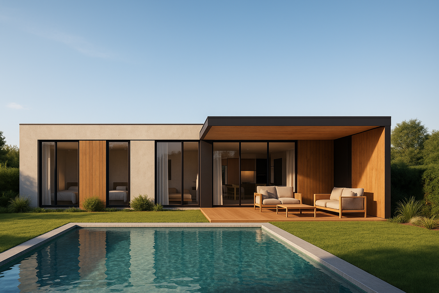 Render 3D de vivienda modular con piscina